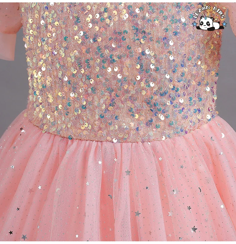 LEZONKIDS - Vestido para Menina, Vestido de Festa Infantil, Tule Longo, Malha, Lantejoulas, Princesa, Manga Bolha Fofa, Tamanho 10, Vestidos de Menina Flor para Casamento de Luxo